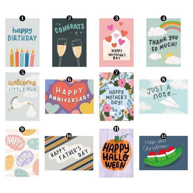 12 different greeting card designs for various occasions