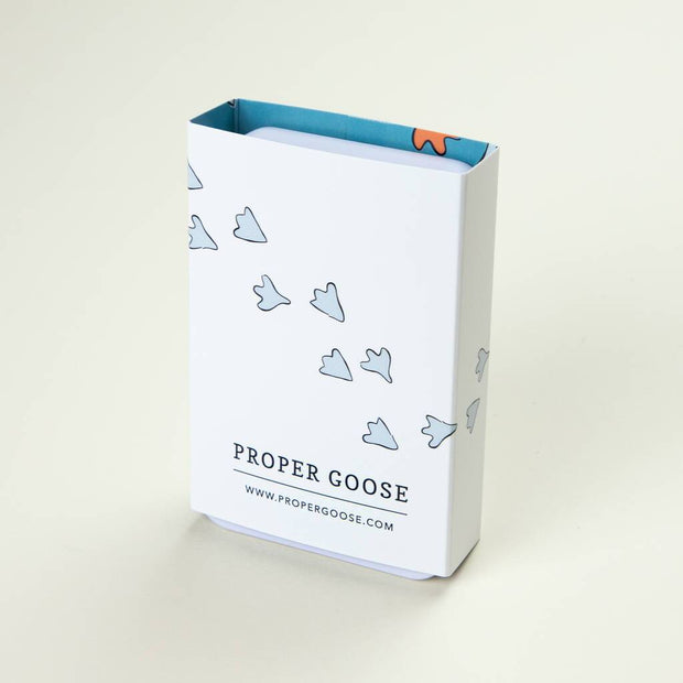 White playing card packaging sleeve with goose feet and Proper Goose branding